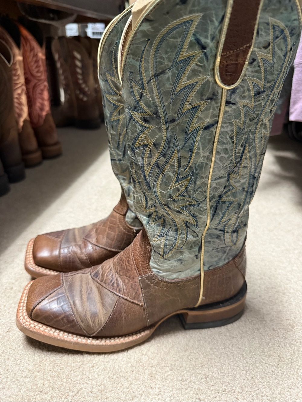 Ariat Brown Leather Western Heeled Boots with Teal Embroidered Shaft
